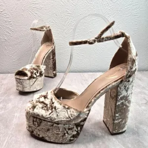 Sam Edelman Chunky Platform Heels Sz 9.5 Tan Gold Velvet Formal High Heel Shoes