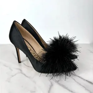 SAM EDELMAN EUC Haide Satin Feather Pumps Heels Shoes Black Size 8 Pointed Toes