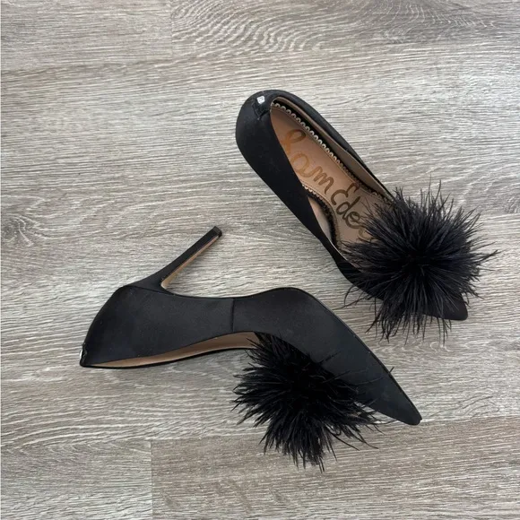 SAM EDELMAN EUC Haide Satin Feather Pumps Heels Shoes Black Size 8 Pointed Toes