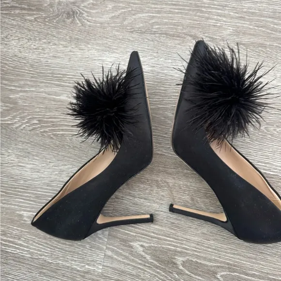 SAM EDELMAN EUC Haide Satin Feather Pumps Heels Shoes Black Size 8 Pointed Toes
