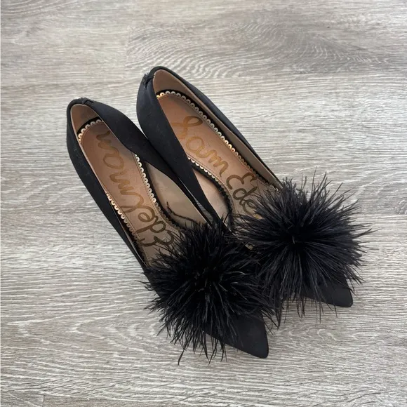 SAM EDELMAN EUC Haide Satin Feather Pumps Heels Shoes Black Size 8 Pointed Toes