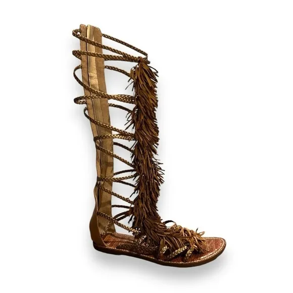 Sam Edelman Gia Knee High Fringed Metallic Leather Sandals
