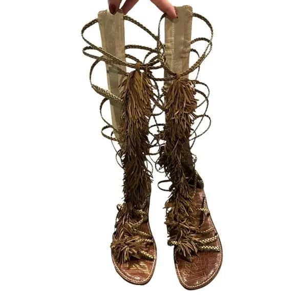 Sam Edelman Gia Knee High Fringed Metallic Leather Sandals