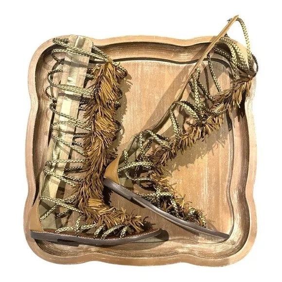 Sam Edelman Gia Knee High Fringed Metallic Leather Sandals