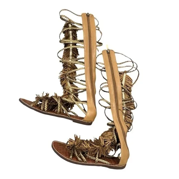Sam Edelman Gia Knee High Fringed Metallic Leather Sandals