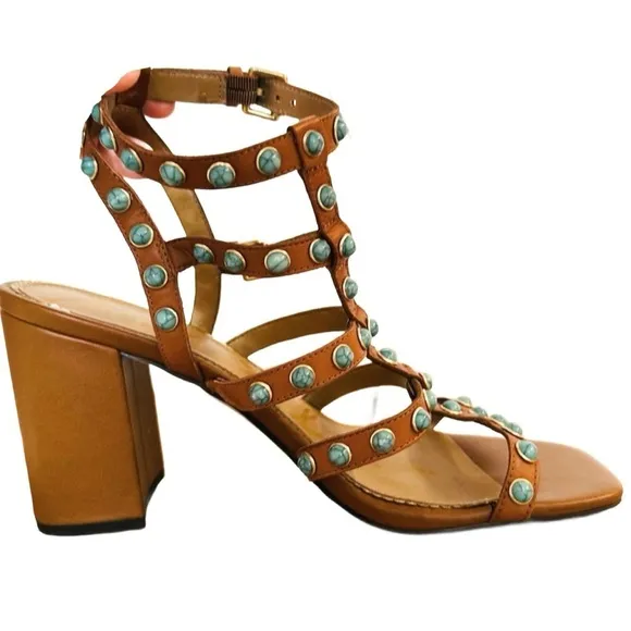 SAM EDELMAN ~ Women’s Brown Strappy Heeled Sandals with Turquoise Accents size 9