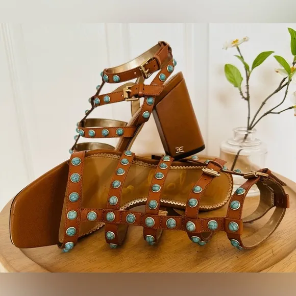 SAM EDELMAN ~ Women’s Brown Strappy Heeled Sandals with Turquoise Accents size 9