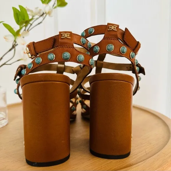 SAM EDELMAN ~ Women’s Brown Strappy Heeled Sandals with Turquoise Accents size 9