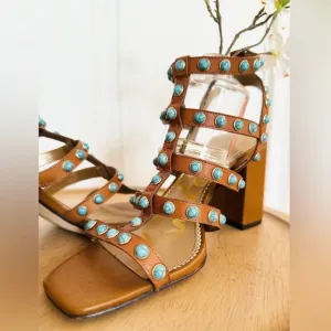 SAM EDELMAN ~ Women’s Brown Strappy Heeled Sandals with Turquoise Accents size 9