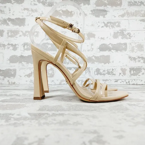 Sam Edelman Women's Lela Tan Cream Patent Heeled Sandals