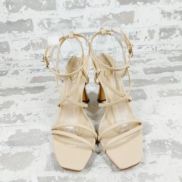 Sam Edelman Women's Lela Tan Cream Patent Heeled Sandals