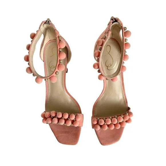 Sam Edelman Women's Luella Pink Pom Pom HeelsBeaded Dress Sandals Size 8