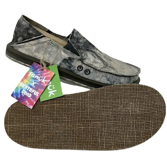 Sanuk Mens Vagabond ST X Grateful Dead Slip-On Shoes Gray Black Tie Dye 7-13 New