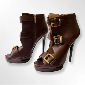 Sasha Fabiani Leather Buckle Platform Stiletto Peep Toe Booties In Plum US8/EU38