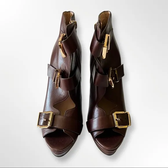 Sasha Fabiani Leather Buckle Platform Stiletto Peep Toe Booties In Plum US8/EU38