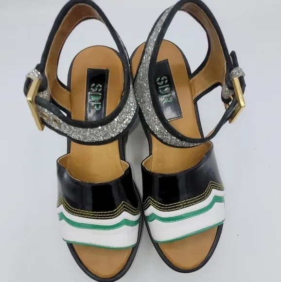 SAVERIO DI RICCI One-Band Glitter Tractor Wedge Sandals Shoes Size 7 US