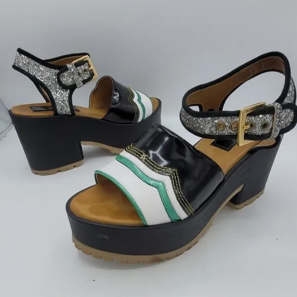 SAVERIO DI RICCI One-Band Glitter Tractor Wedge Sandals Shoes Size 7 US