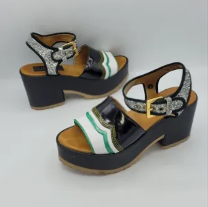 SAVERIO DI RICCI One-Band Glitter Tractor Wedge Sandals Shoes Size 7 US