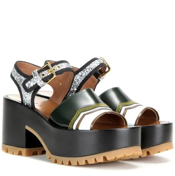SAVERIO DI RICCI One-Band Glitter Tractor Wedge Sandals Shoes Size 7 US