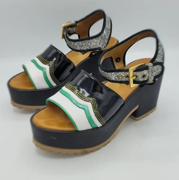 SAVERIO DI RICCI One-Band Glitter Tractor Wedge Sandals Shoes Size 7 US