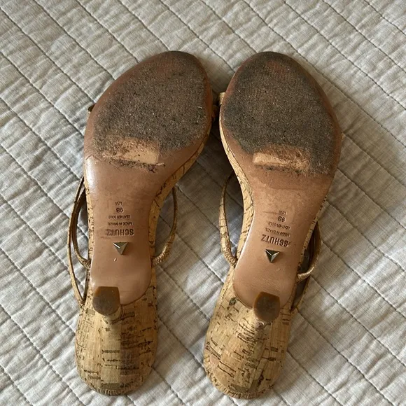Schutz anthro Evenise strapy 90’s Y2K Kitten Heel Sandals Natural cork size 9
