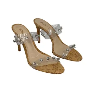 Schutz Ariella Embellished Crystal Rhinestone Cork Heel Mule Transparent Vinyl 9