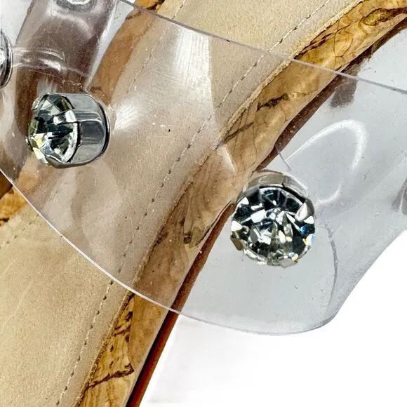 Schutz Ariella Embellished Crystal Rhinestone Cork Heel Mule Transparent Vinyl 9