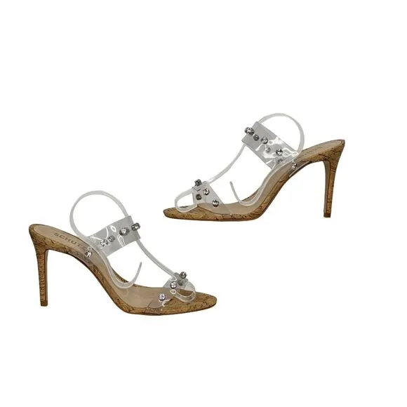 Schutz Ariella Embellished Crystal Rhinestone Cork Heel Mule Transparent Vinyl 9