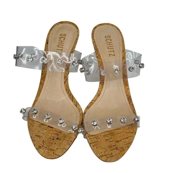 Schutz Ariella Embellished Crystal Rhinestone Cork Heel Mule Transparent Vinyl 9