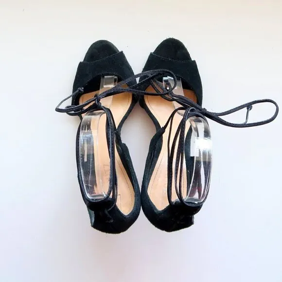 Schutz Black Suede Ankle Tie Lace Up Peep Toe Heels / Pumps / Sandals / Shoes