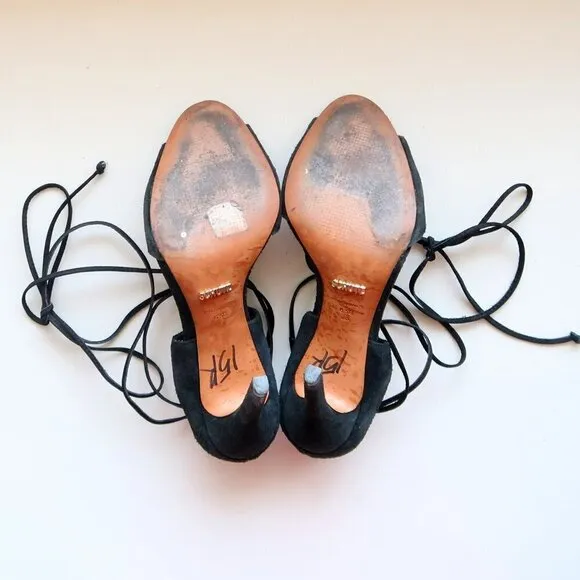 Schutz Black Suede Ankle Tie Lace Up Peep Toe Heels / Pumps / Sandals / Shoes