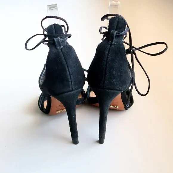 Schutz Black Suede Ankle Tie Lace Up Peep Toe Heels / Pumps / Sandals / Shoes