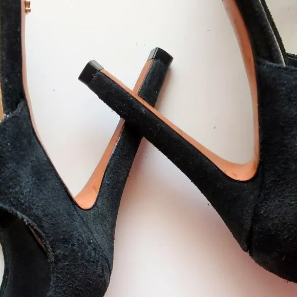 Schutz Black Suede Ankle Tie Lace Up Peep Toe Heels / Pumps / Sandals / Shoes