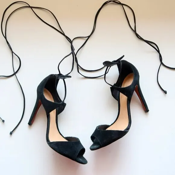 Schutz Black Suede Ankle Tie Lace Up Peep Toe Heels / Pumps / Sandals / Shoes