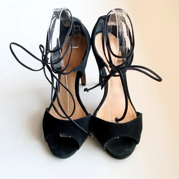 Schutz Black Suede Ankle Tie Lace Up Peep Toe Heels / Pumps / Sandals / Shoes