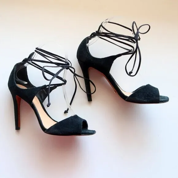 Schutz Black Suede Ankle Tie Lace Up Peep Toe Heels / Pumps / Sandals / Shoes