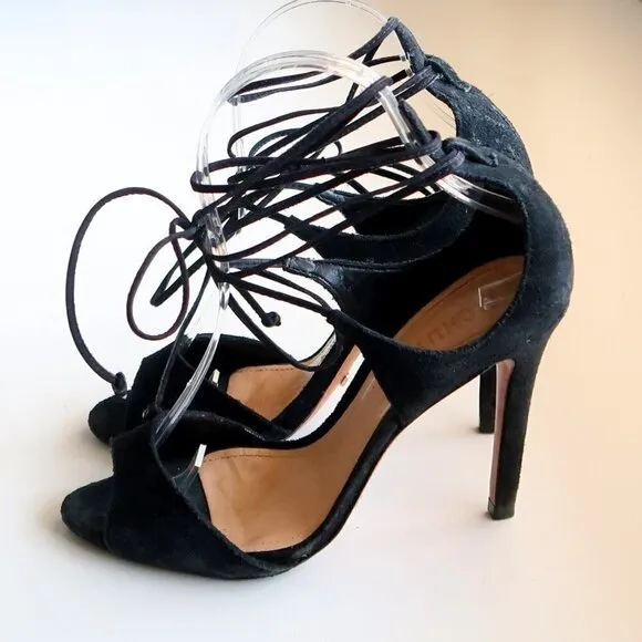 Schutz Black Suede Ankle Tie Lace Up Peep Toe Heels / Pumps / Sandals / Shoes