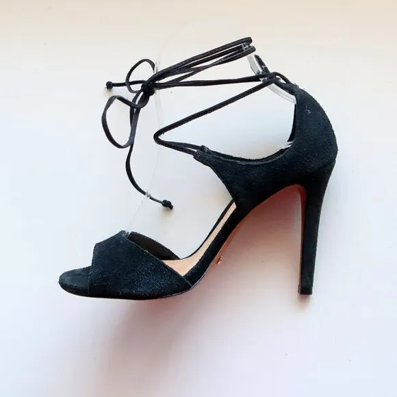 Schutz Black Suede Ankle Tie Lace Up Peep Toe Heels / Pumps / Sandals / Shoes