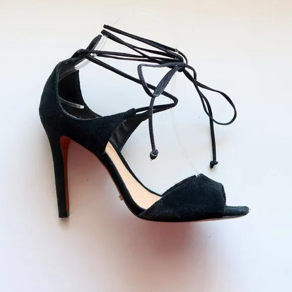 Schutz Black Suede Ankle Tie Lace Up Peep Toe Heels / Pumps / Sandals / Shoes