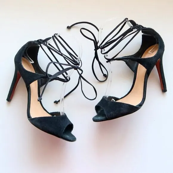 Schutz Black Suede Ankle Tie Lace Up Peep Toe Heels / Pumps / Sandals / Shoes