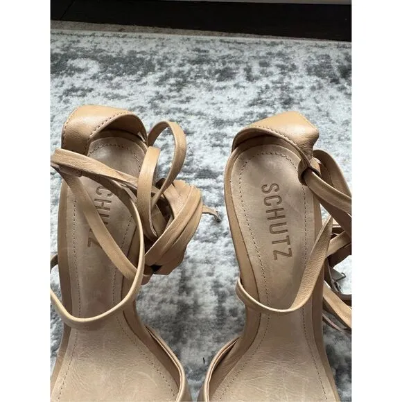 SCHUTZ BRYCE NAPPA  Beige/Nude Strappy Leather Heeled Sandal Pump