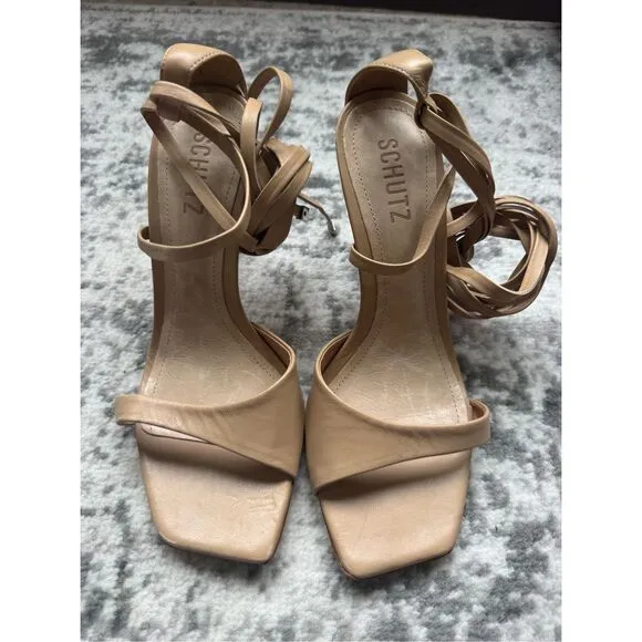 SCHUTZ BRYCE NAPPA  Beige/Nude Strappy Leather Heeled Sandal Pump