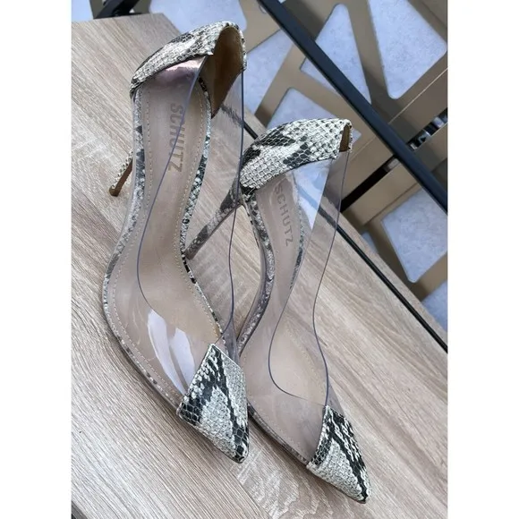 Schutz Cendi Transparent Snakeskin leather Print Pump heels shoes 7.5 B