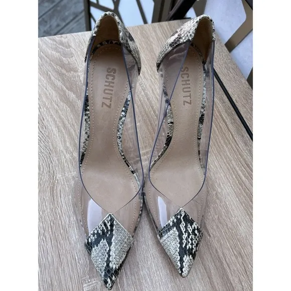 Schutz Cendi Transparent Snakeskin leather Print Pump heels shoes 7.5 B