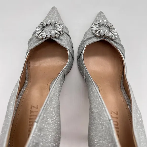 SCHUTZ Heels Women 9.5 Silver Glitter Meisho Glam Pointy Jeweled Pump Shoes NWOB