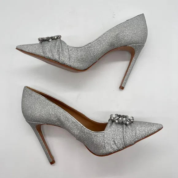 SCHUTZ Heels Women 9.5 Silver Glitter Meisho Glam Pointy Jeweled Pump Shoes NWOB