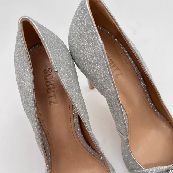SCHUTZ Heels Women 9.5 Silver Glitter Meisho Glam Pointy Jeweled Pump Shoes NWOB