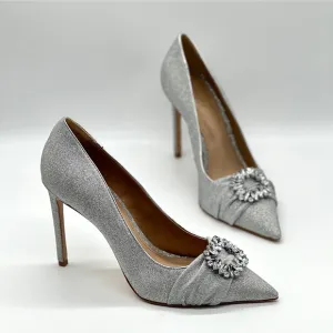 SCHUTZ Heels Women 9.5 Silver Glitter Meisho Glam Pointy Jeweled Pump Shoes NWOB