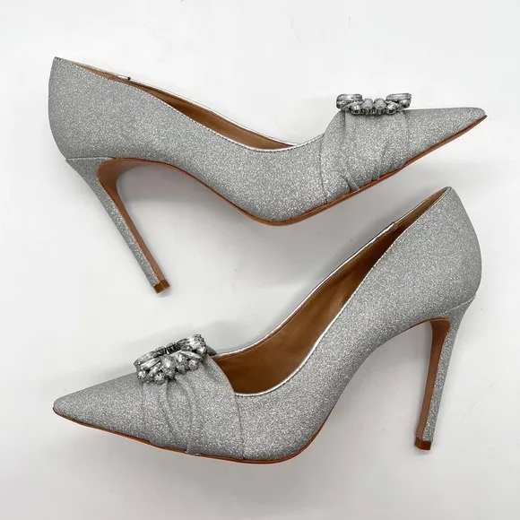 SCHUTZ Heels Women 9.5 Silver Glitter Meisho Glam Pointy Jeweled Pump Shoes NWOB