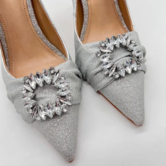 SCHUTZ Heels Women 9.5 Silver Glitter Meisho Glam Pointy Jeweled Pump Shoes NWOB
